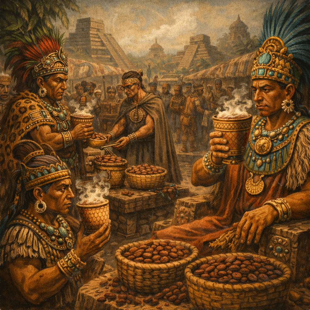 Siglo XV Imperio Azteca comercio con cacao como moneda y bebida xocolatl espumosa