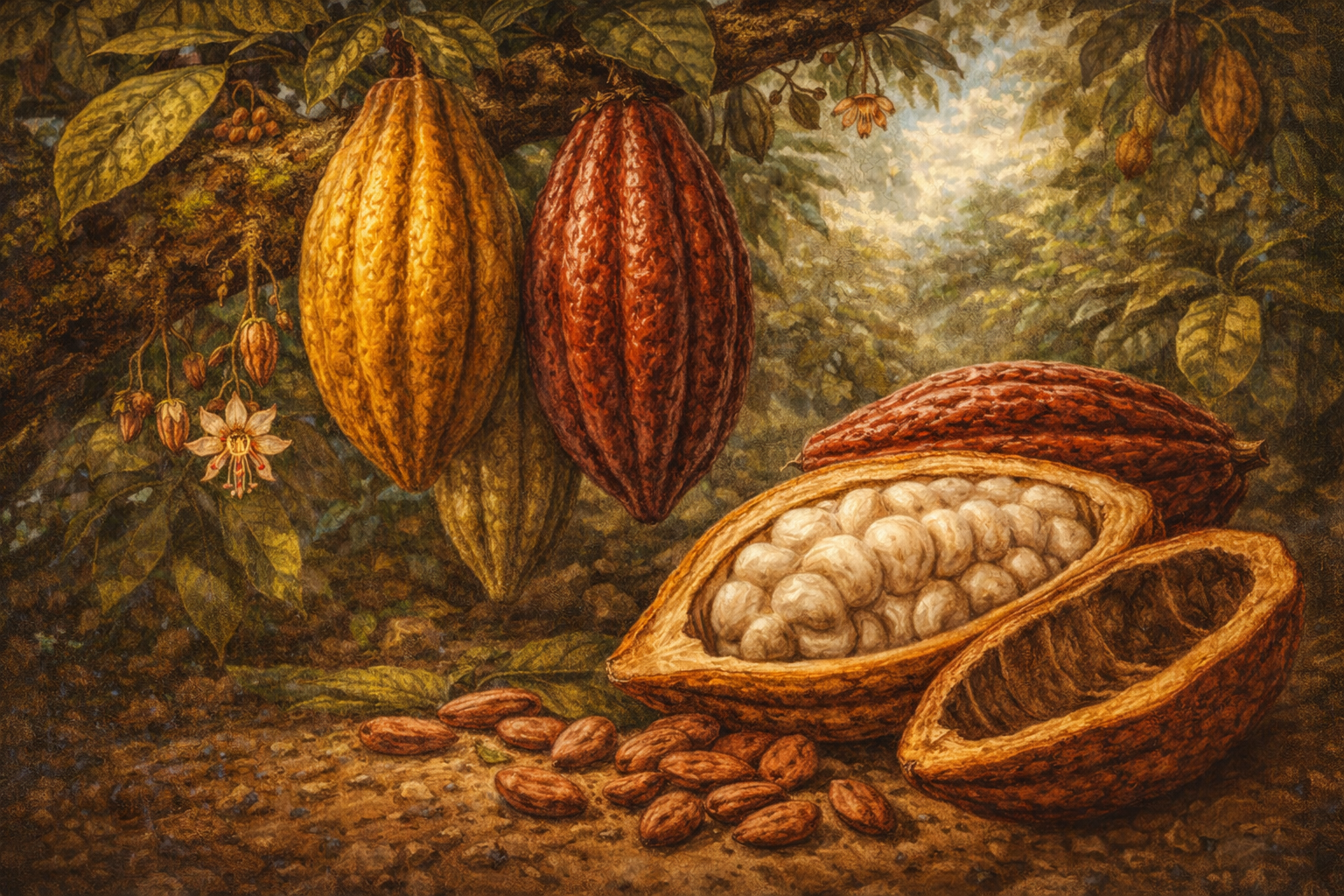 Granos de cacao Theobroma en estado natural antes de ser procesados